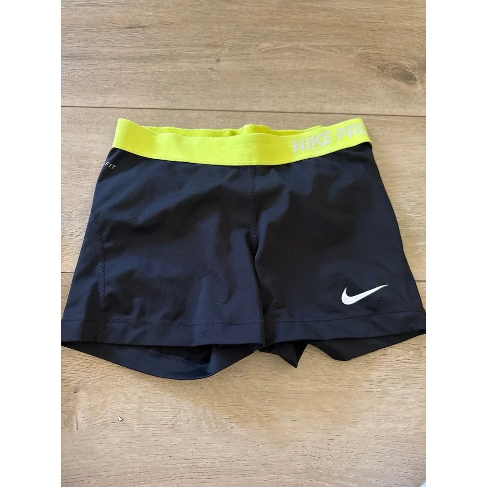 Nike Pro Black Athletic Shorts with Yellow Waistband